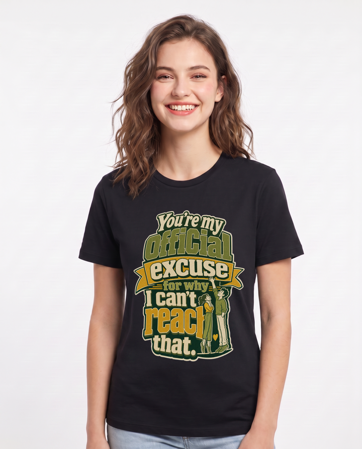 Funny Couples Women's Black T-Shirt – You're my official excuse for why I can't reach that. product image 1