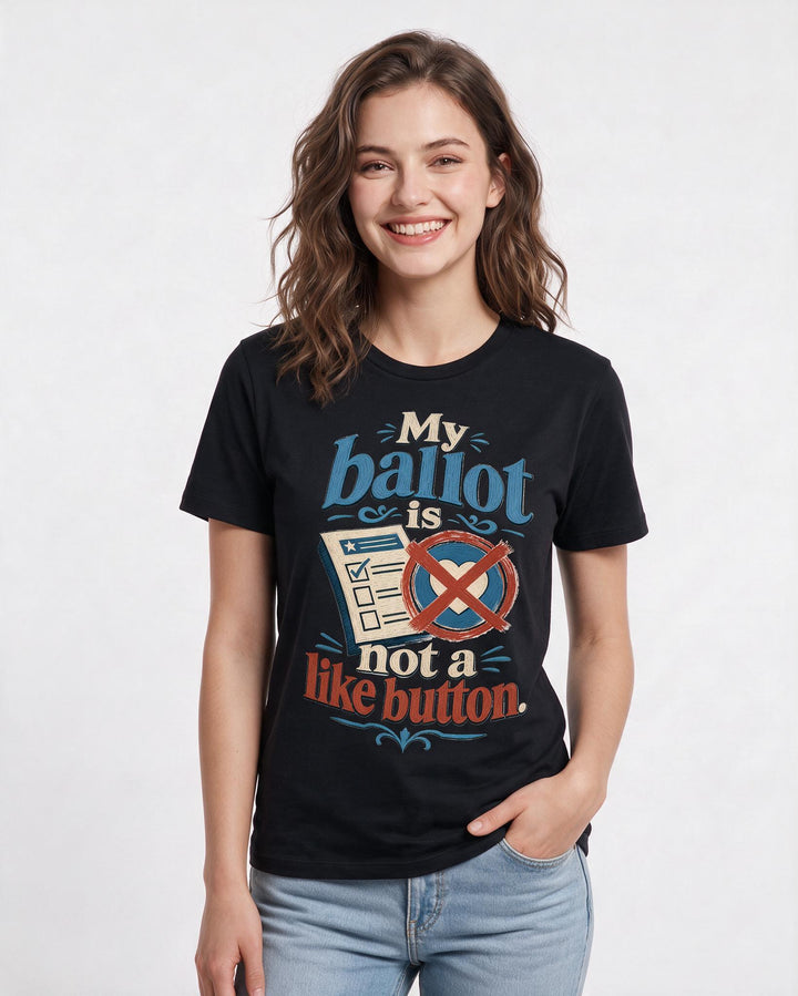 Political Statement Women's Black T-Shirt – My ballot is not a like button. product image 3