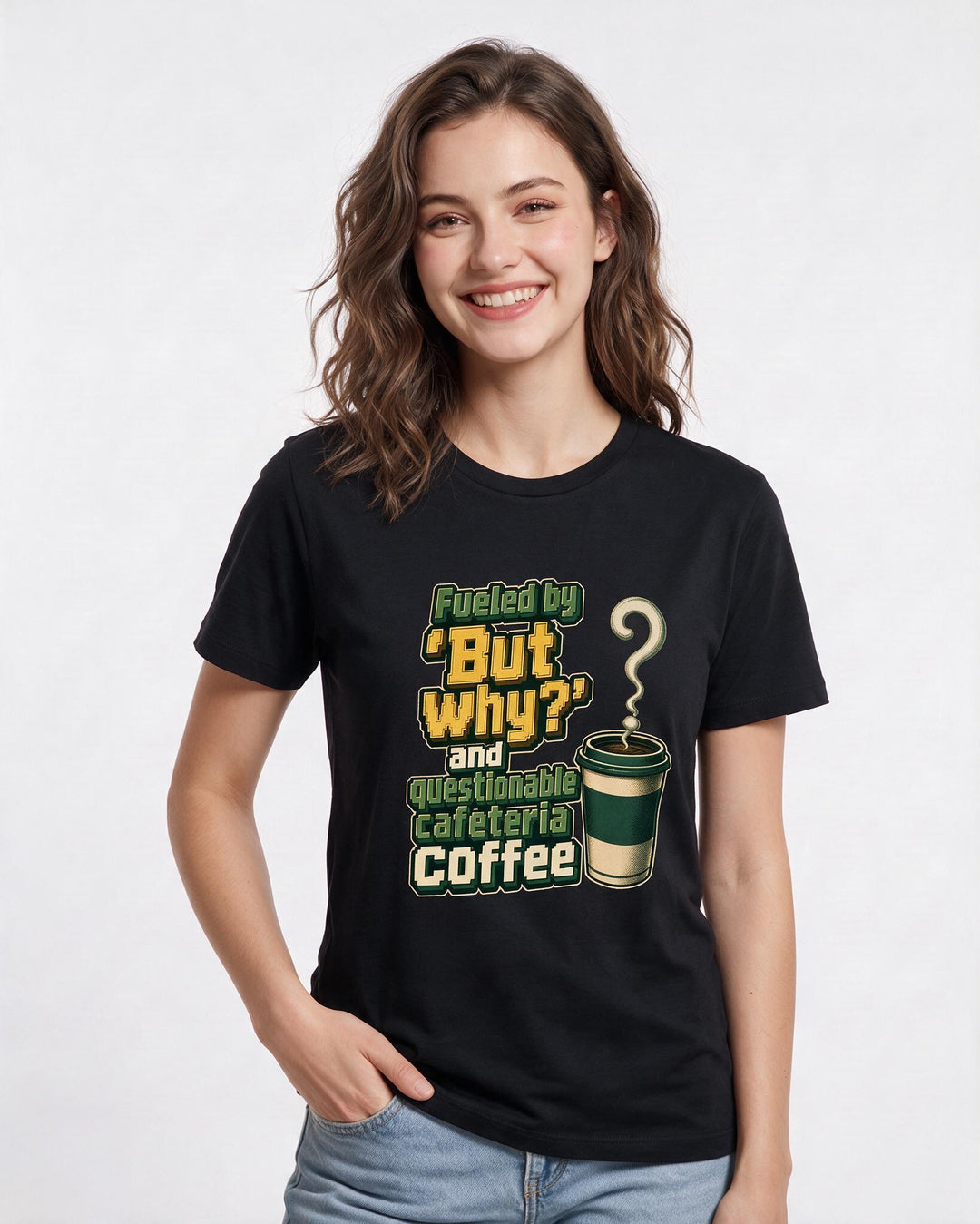 Funny Teacher Women's Black T-Shirt – Fueled by 'But why?' and questionable cafeteria coffee product image 3