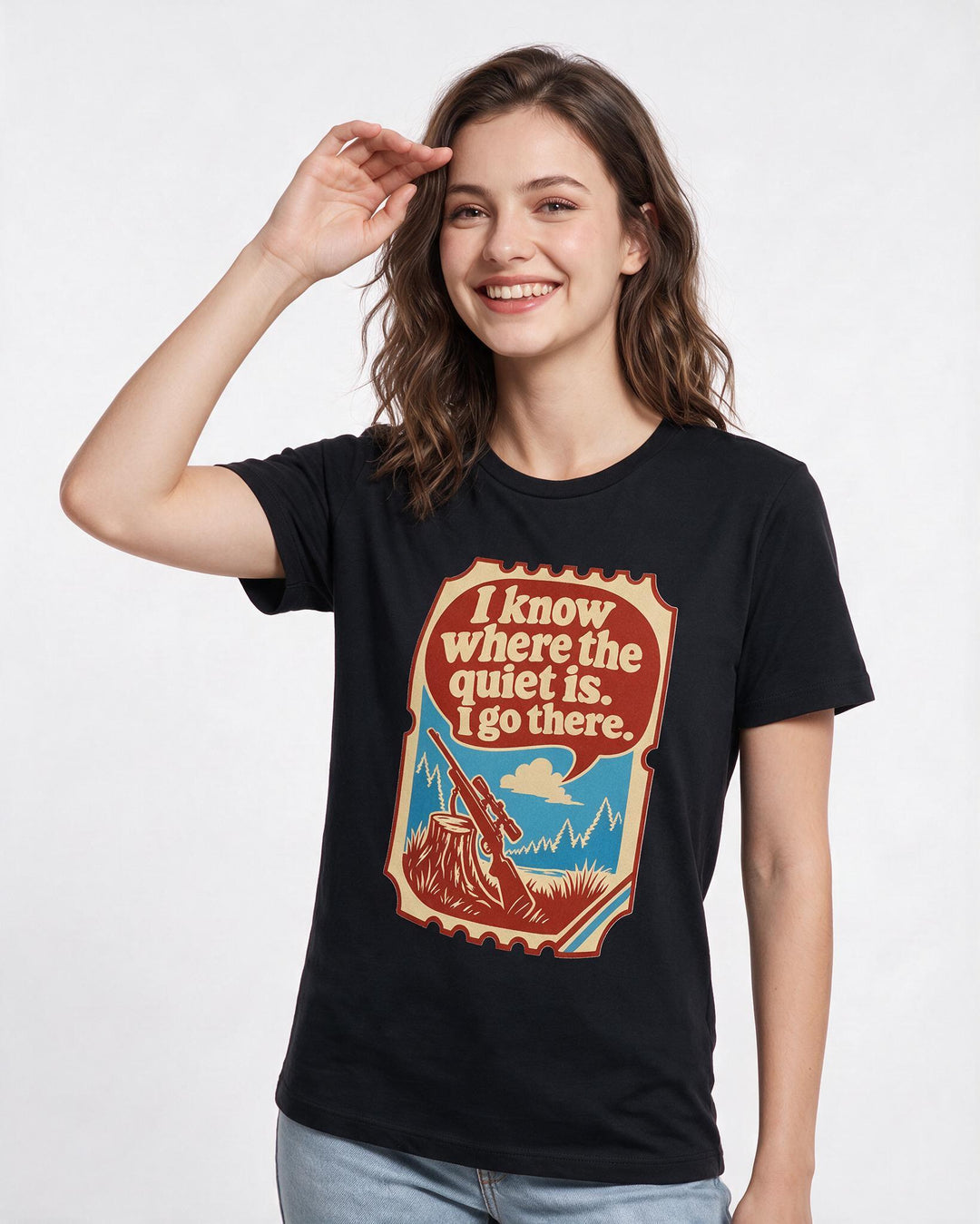 Hunting Women's Black T-Shirt - I know where the quiet is. I go there. product image 3