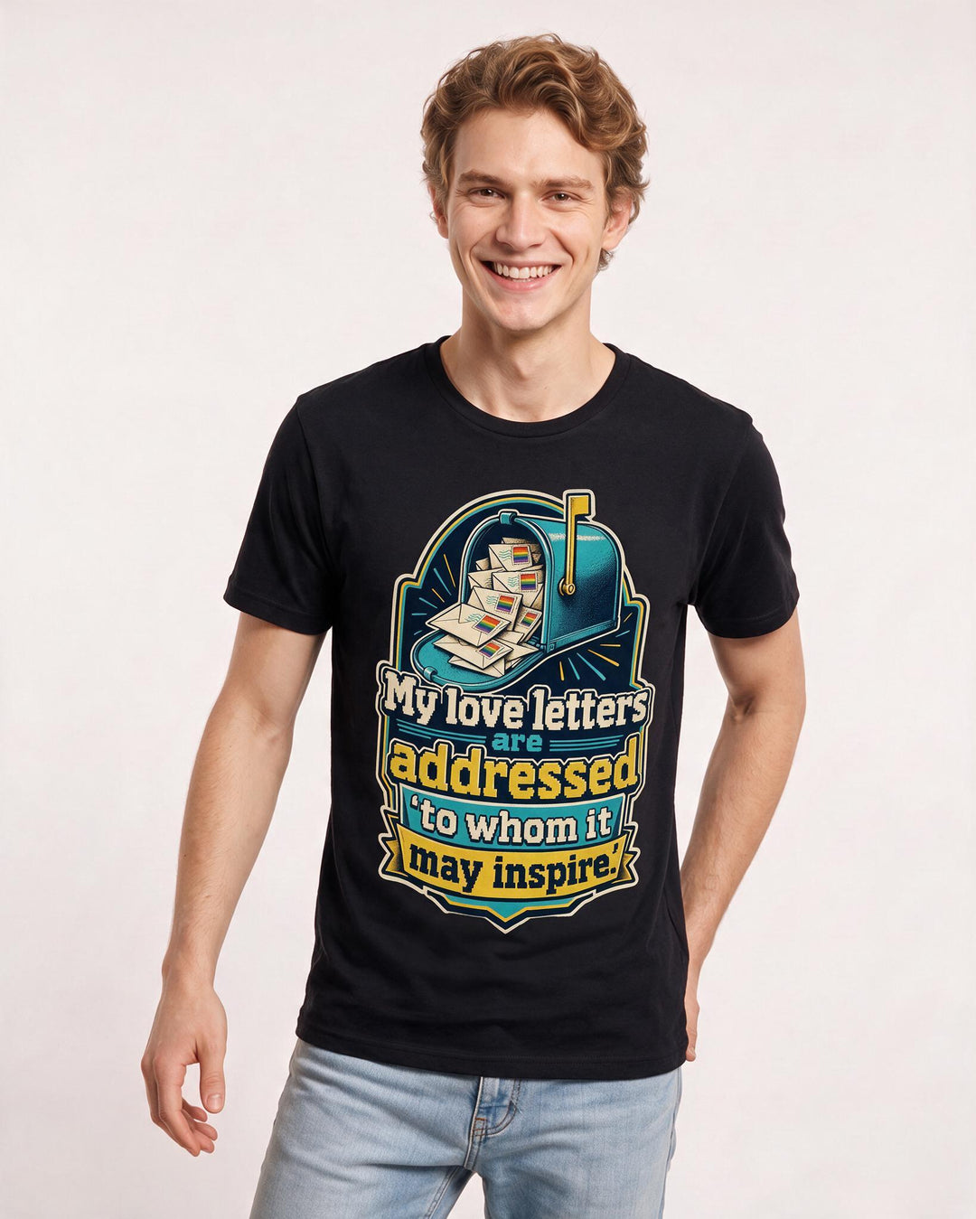 Pride Men's Black T-Shirt – My love letters are addressed 'to whom it may inspire.' product image 3