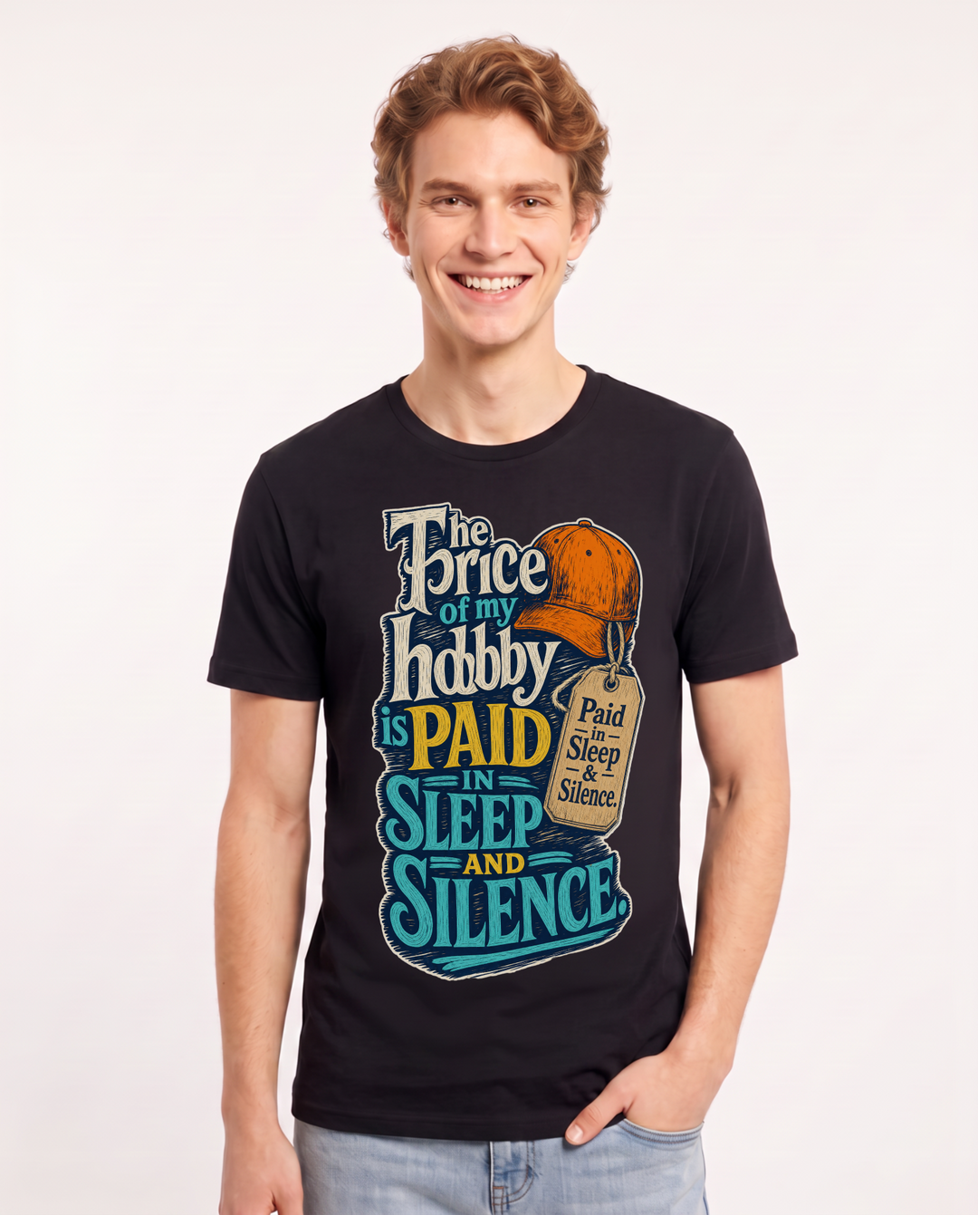 Hunting Men's Black T-Shirt – The price of my hobby is paid in sleep and silence. product image 1