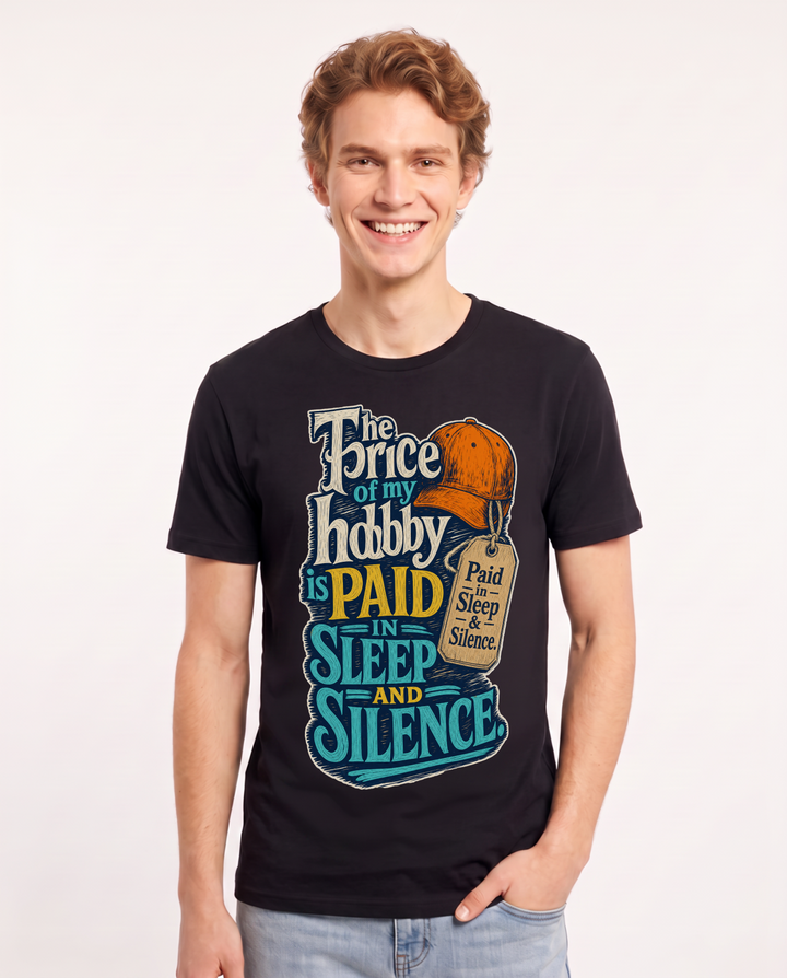 Hunting Men's Black T-Shirt – The price of my hobby is paid in sleep and silence. product image 1