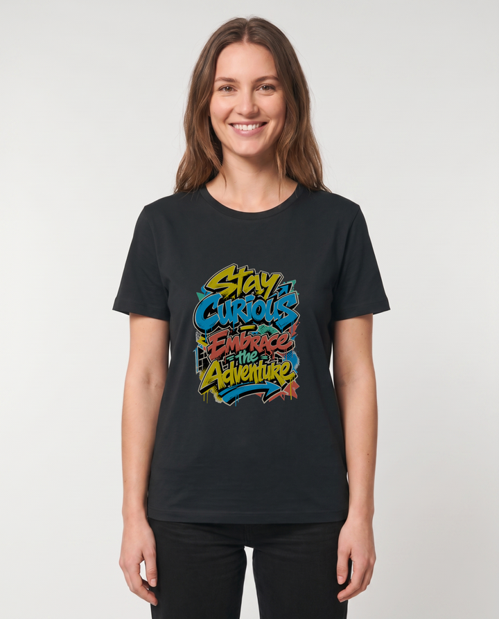 Stay Curious Embrace The Adventure Black T-Shirt mockup 1