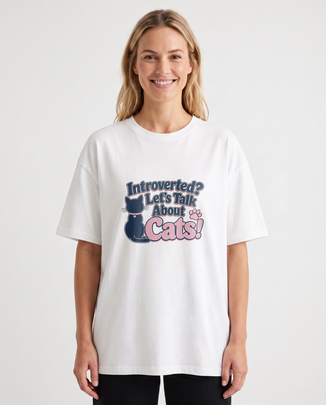 Introverted? Let's Talk About Cats! White T-Shirt mockup 1