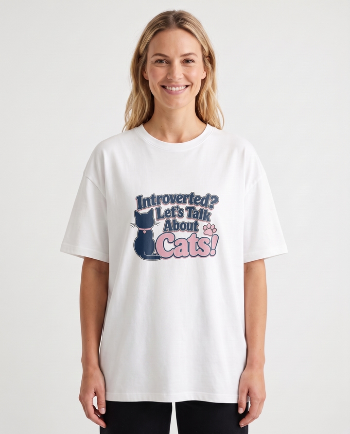 Introverted? Let's Talk About Cats! White T-Shirt mockup 1