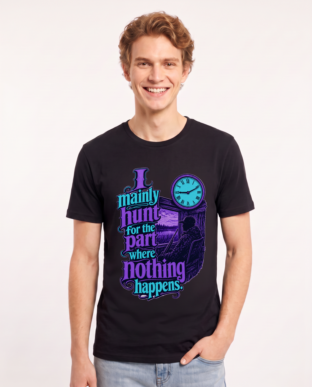 Hunting Men's Black T-Shirt – I mainly hunt for the part where nothing happens. product image 1