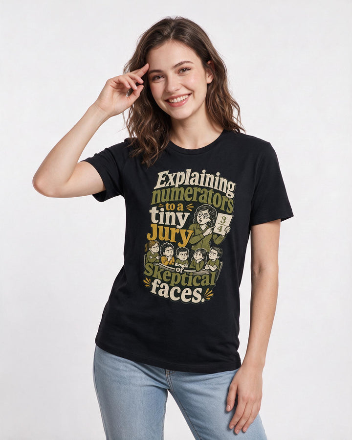 Teacher Women's Black T-Shirt – Explaining numerators to a tiny jury of skeptical faces. product image 3