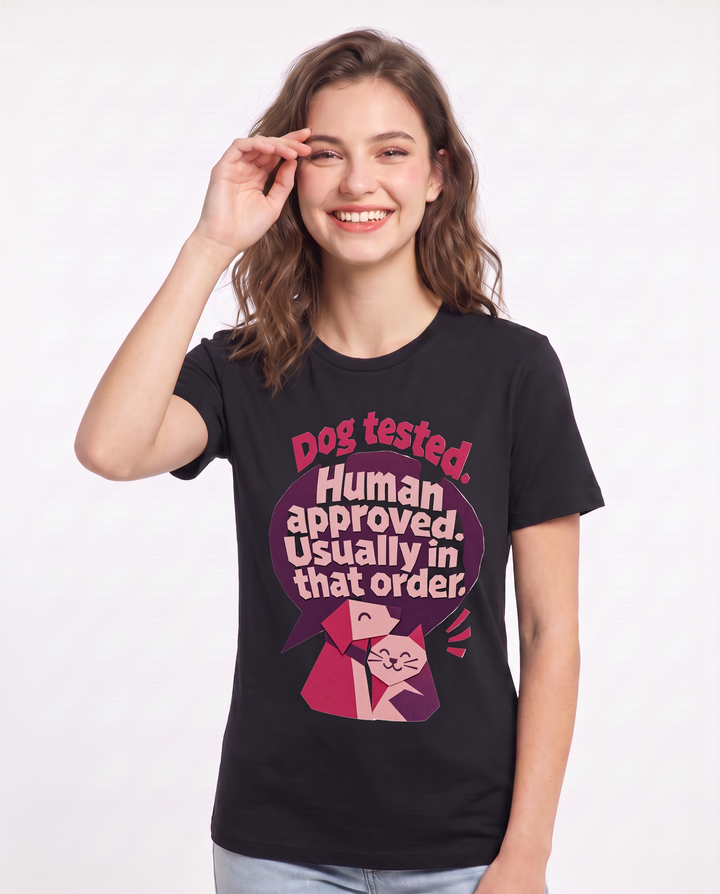 Graphic Women's Black T-Shirt - Dog tested. Human approved. Usually in product image 3