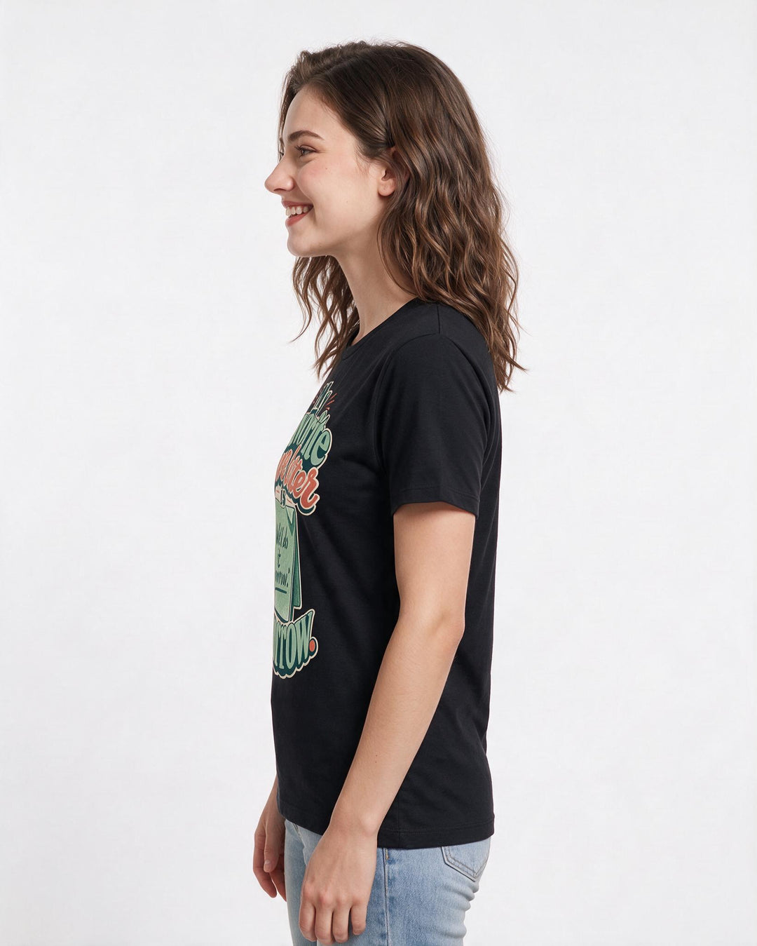 Couples Women's Black T-Shirt – "My favorite love letter is 'We'll do it tomorrow.'" product image 2