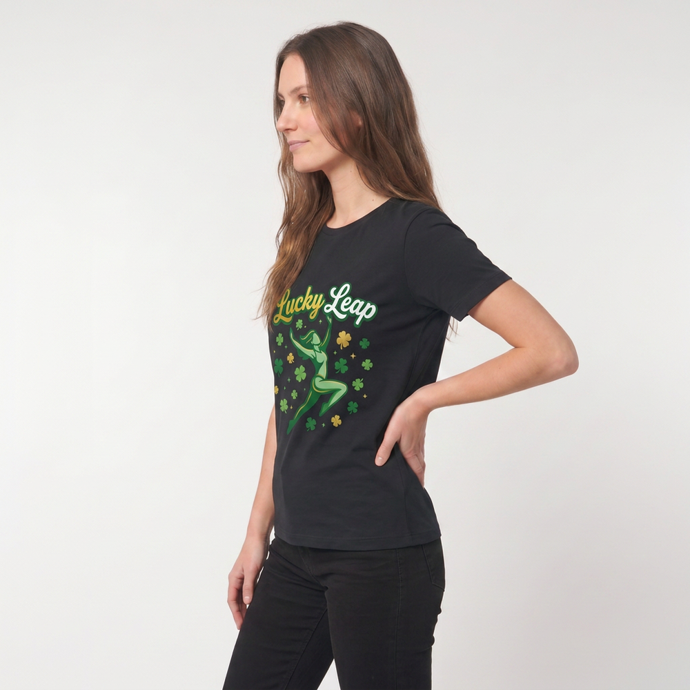 Lucky Leap Stylized Leap With Clovers Black T-Shirt mockup 2