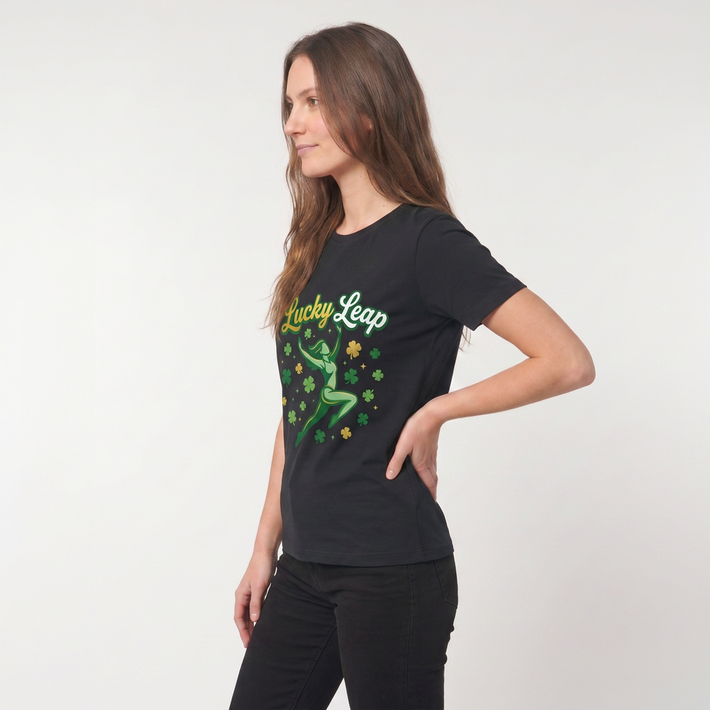 Lucky Leap Stylized Leap With Clovers Black T-Shirt mockup 2