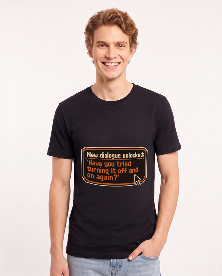 Gaming Men's Black T-Shirt – New dialogue unlocked: 'Have you tried turning it off and on again?' product image 1