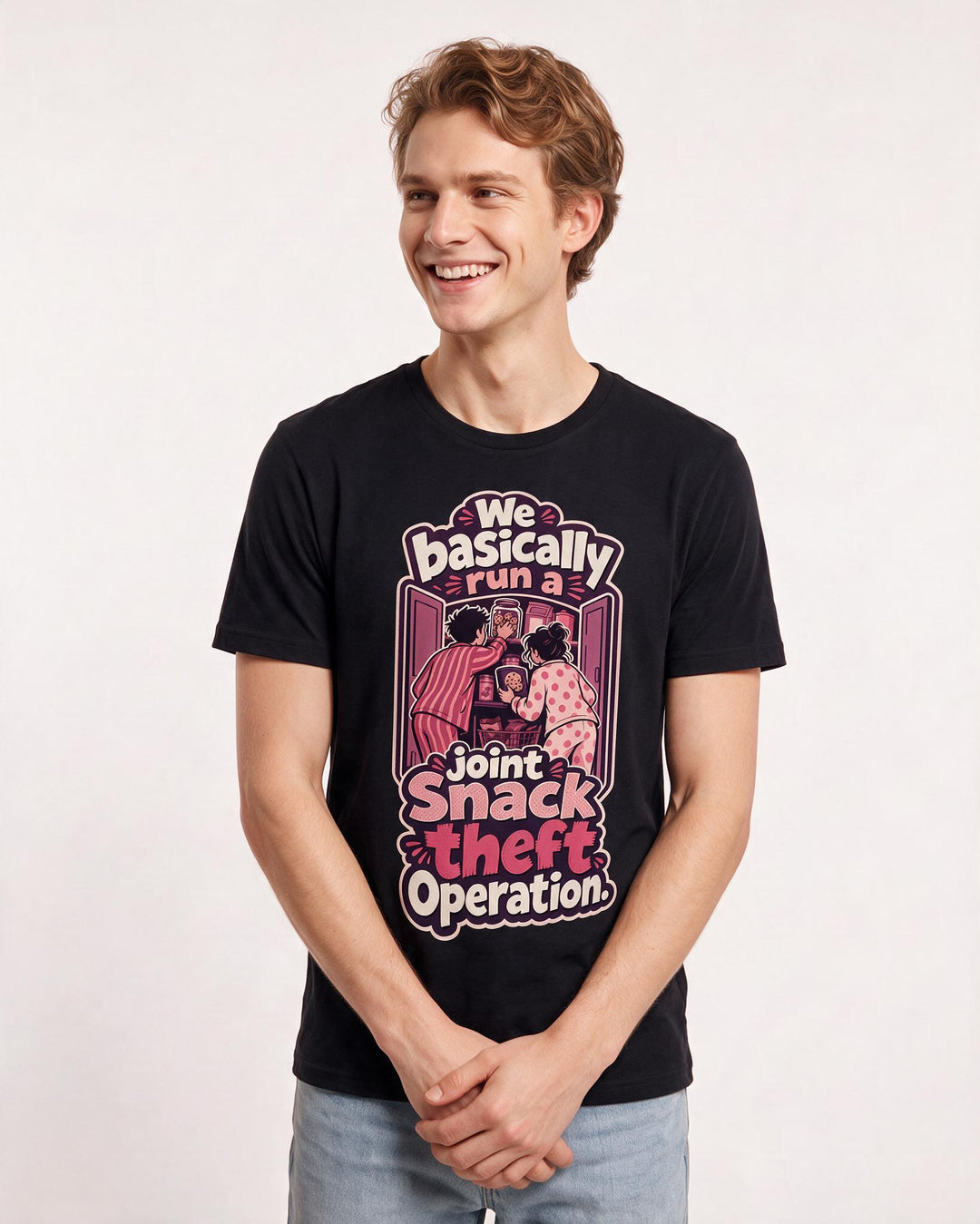 Funny Couples Men's Black T-Shirt – We basically run a joint snack theft operation. product image 3
