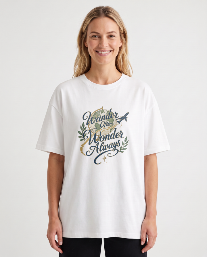 Wander Often, Wonder Always White T-Shirt mockup 1