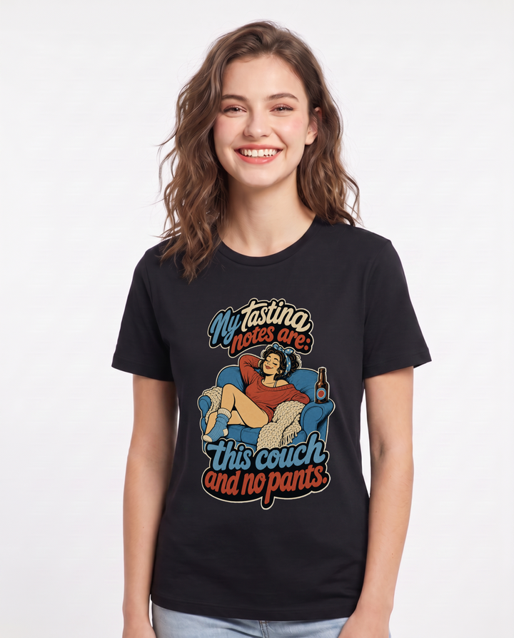 Funny Beer Women's Black T-Shirt – My tasting notes are: this couch and no pants product image 1