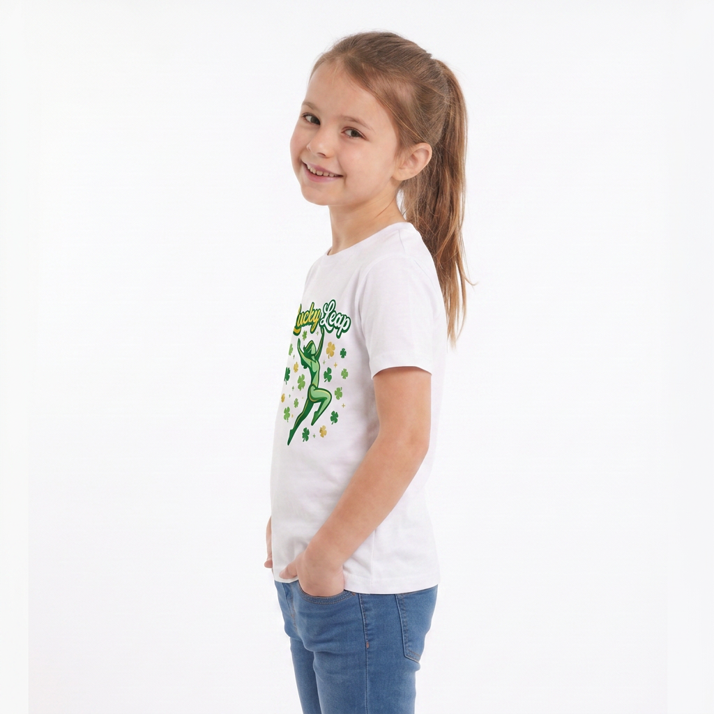 Lucky Leap Stylized Leap With Clovers White T-Shirt mockup 1