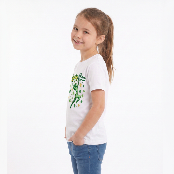 Lucky Leap Stylized Leap With Clovers White T-Shirt mockup 1