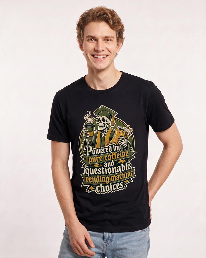 Funny Graduation Men's Black T-Shirt – Powered by pure caffeine and questionable vending machine choices. product image 3