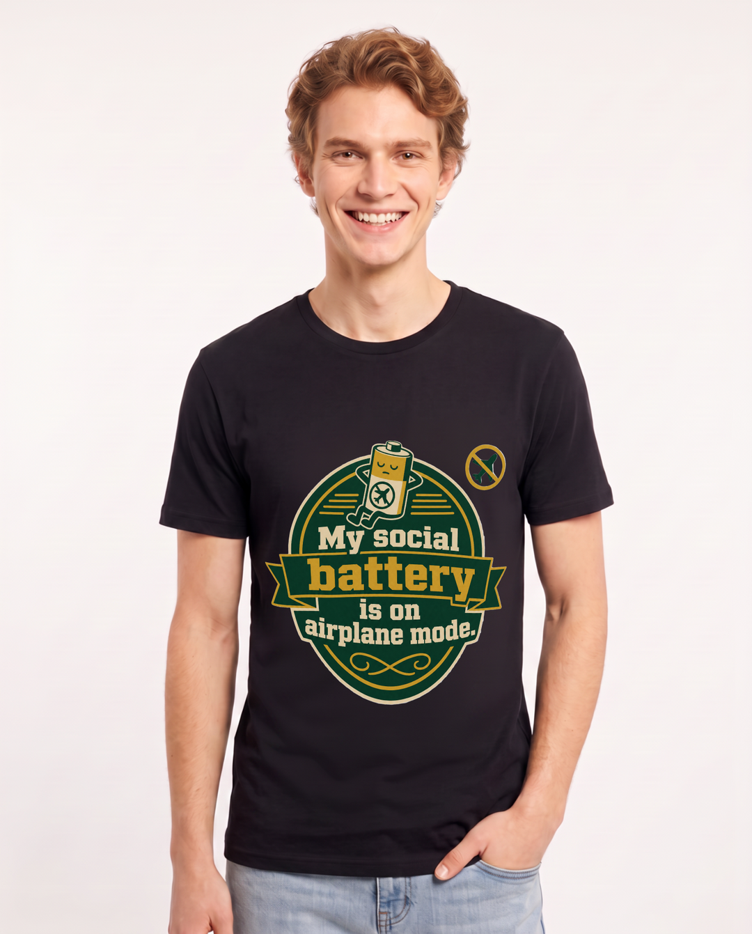 Graphic Men's Black T-Shirt - My social battery is on airplane mode. product image 1