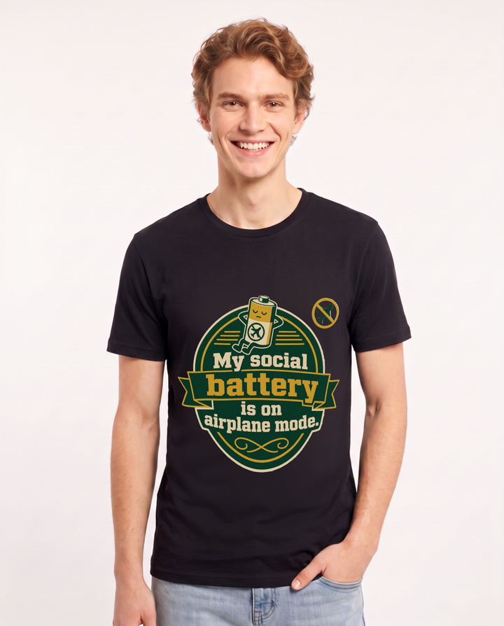 Graphic Men's Black T-Shirt - My social battery is on airplane mode. product image 1