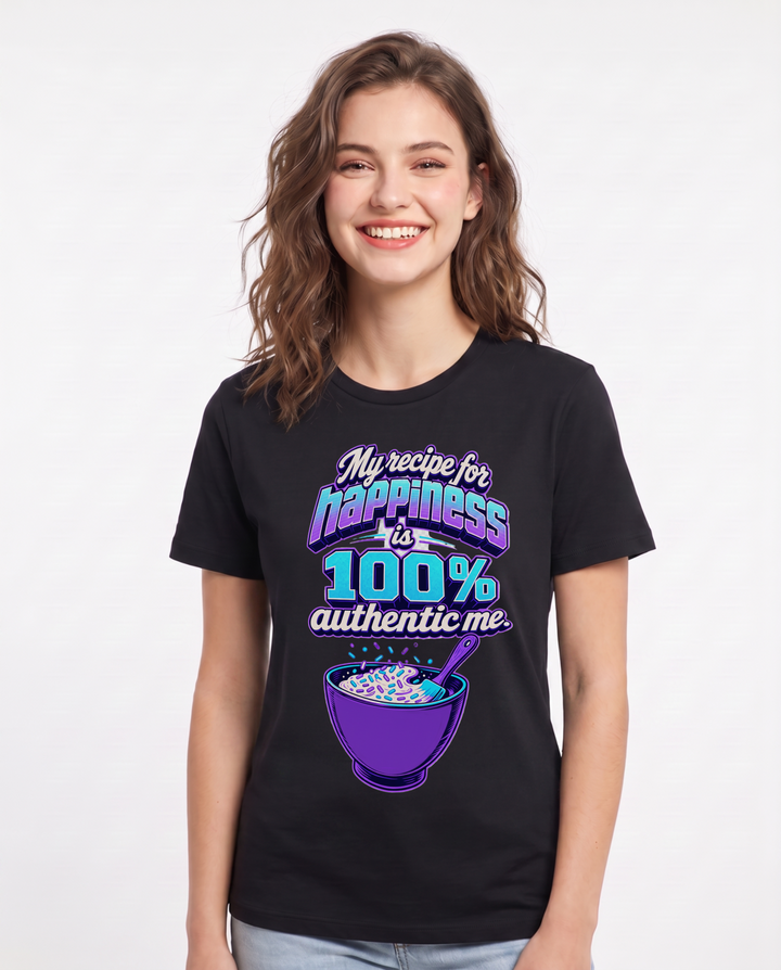 Pride Women's Black T-Shirt – My recipe for happiness is 100% authentic me. product image 1