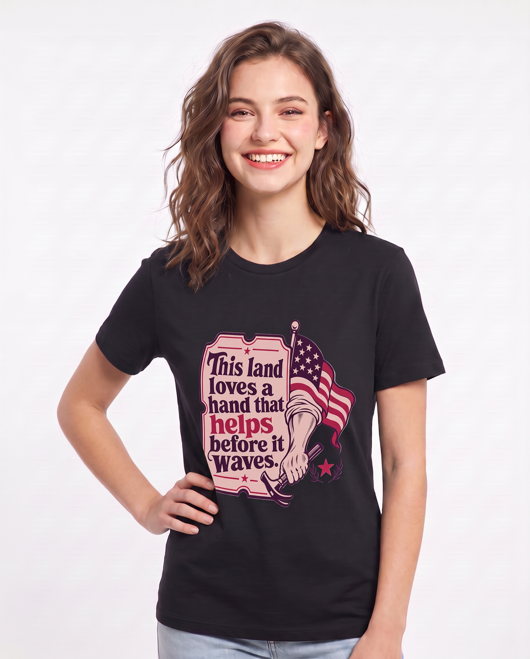 Graphic Women's Black T-Shirt - This land loves a hand that helps product image 3