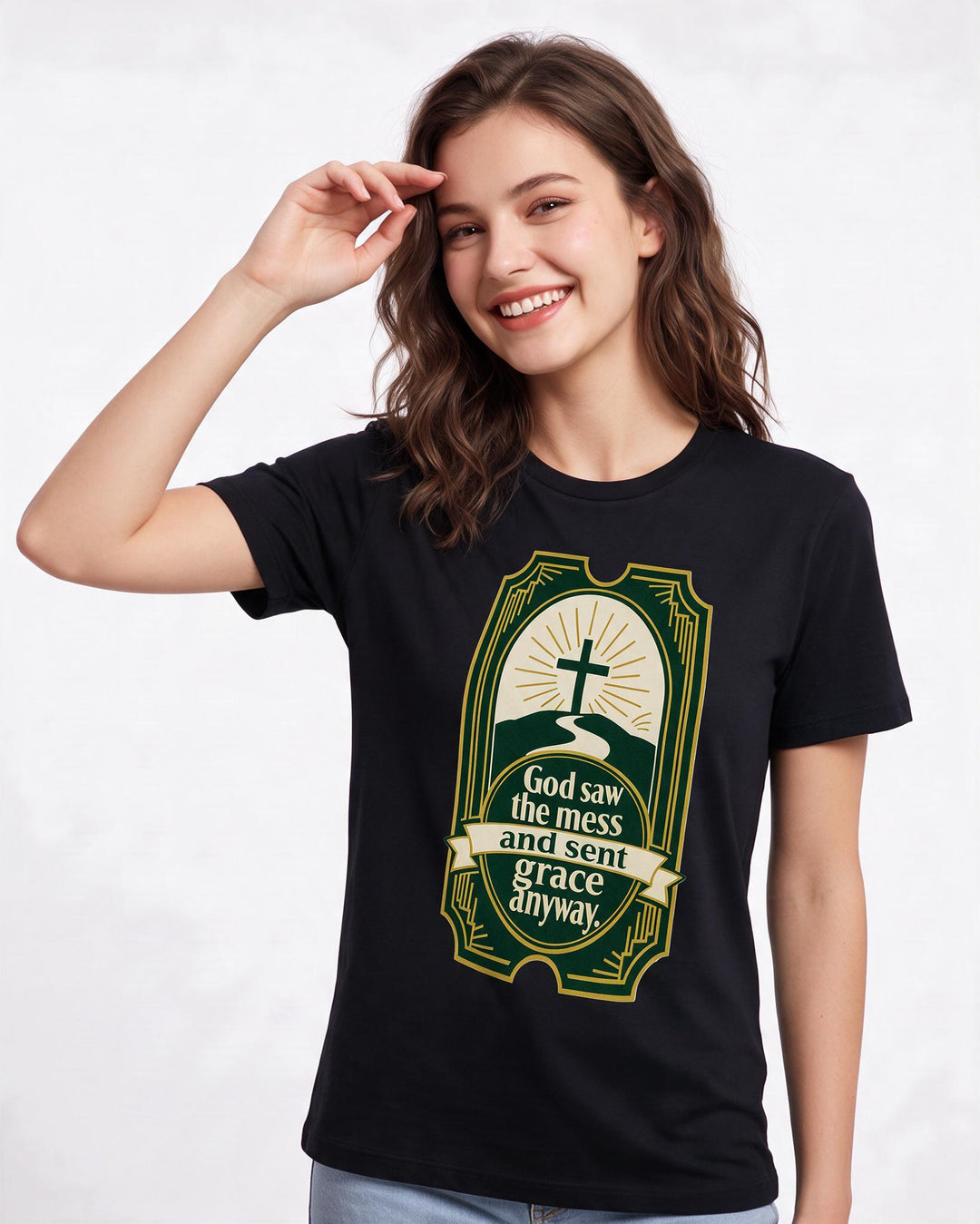 Graphic Women's Black T-Shirt - God saw the mess and sent grace product image 3