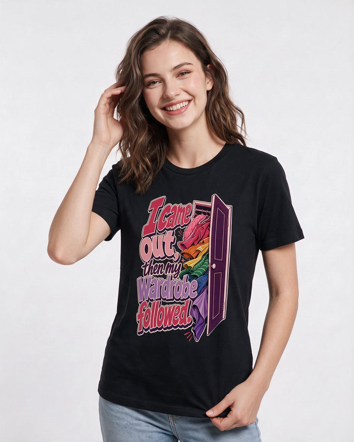 Pride Women's Black T-Shirt – I came out, then my wardrobe followed. product image 3