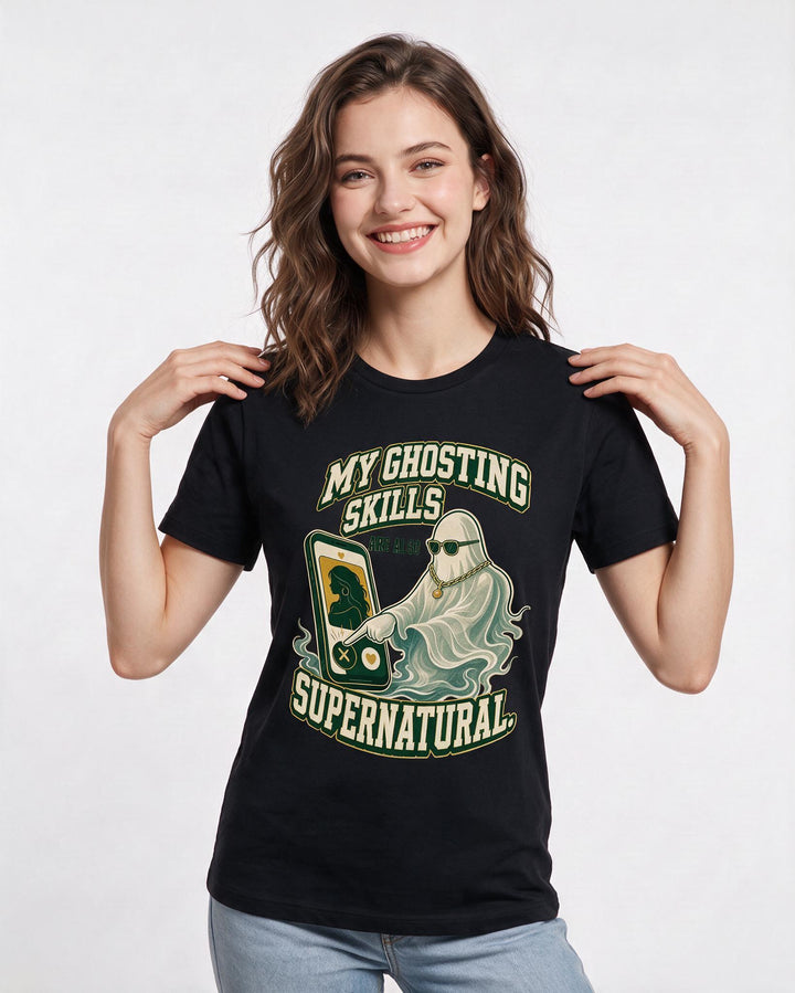 Funny Halloween Women's Black T-Shirt – My ghosting skills are also supernatural. product image 3