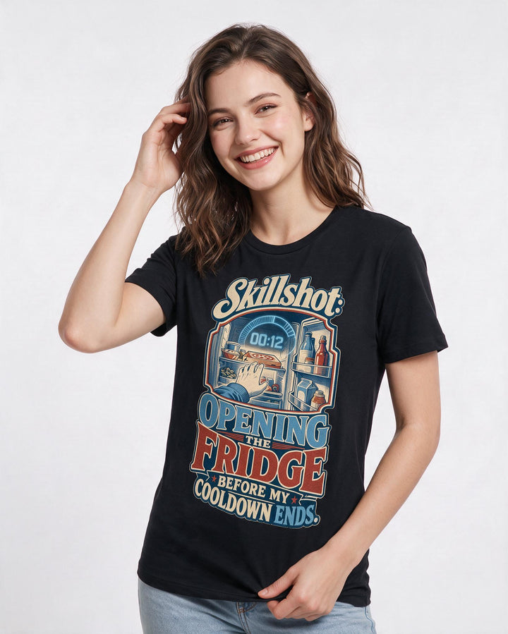 Funny Gaming Women's Black T-Shirt – Skillshot: Opening the fridge before product image 3