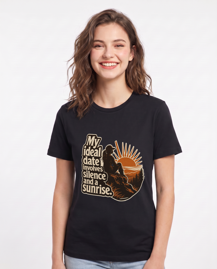 Hunting Women's Black T-Shirt – My ideal date involves silence and a sunrise. product image 1