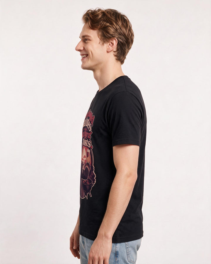 Veteran Men's Black T-Shirt – Exchanged salutes for backyard toasts. product image 2