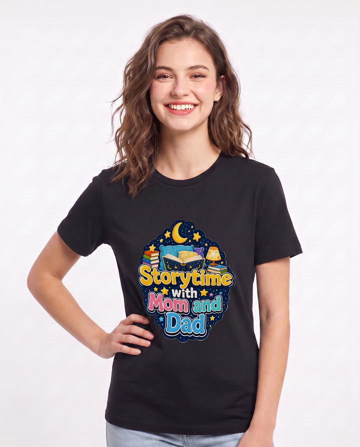 Storytime with Mom and Dad Women's Black T-Shirt product image 1