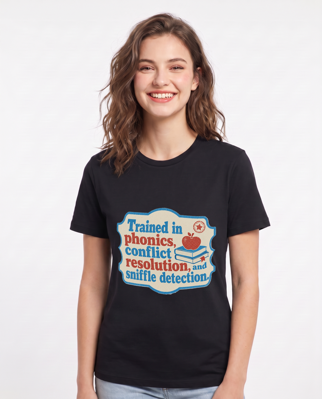Teacher Gift Women's Black T-Shirt - Trained in phonics, conflict product image 1