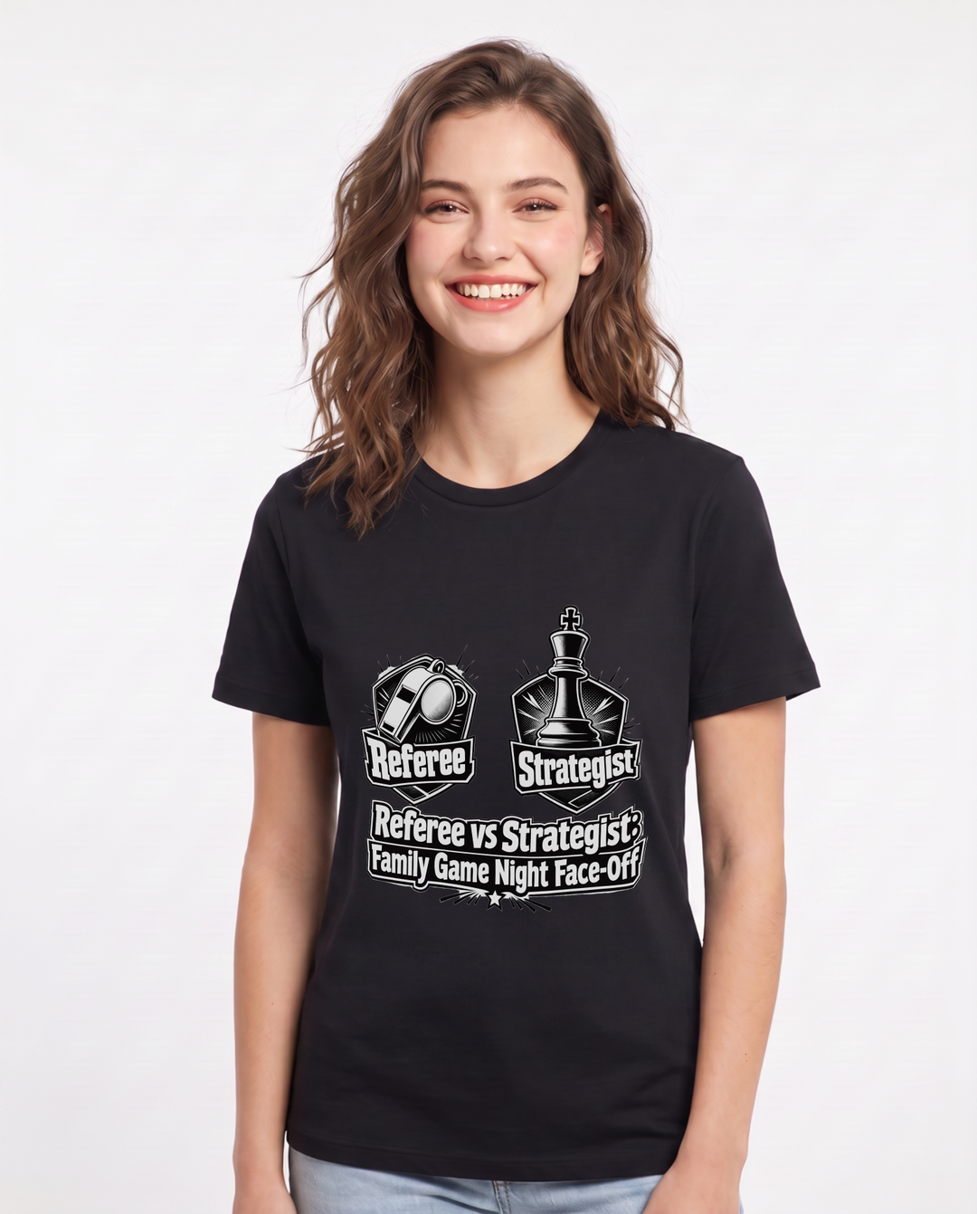 Referee vs Strategist: Family Game Night Face-Off Women's Black T-Shirt product image 2