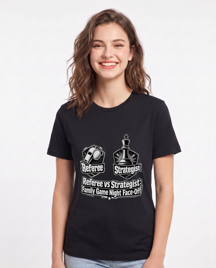 Referee vs Strategist: Family Game Night Face-Off Women's Black T-Shirt product image 2