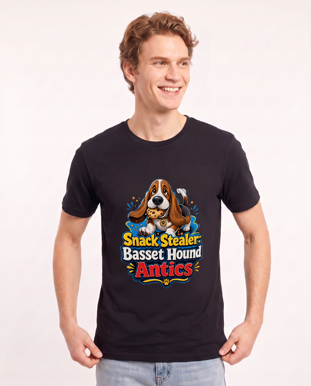 Snack Stealer: Basset Hound Antics Men's Black T-Shirt product image 1