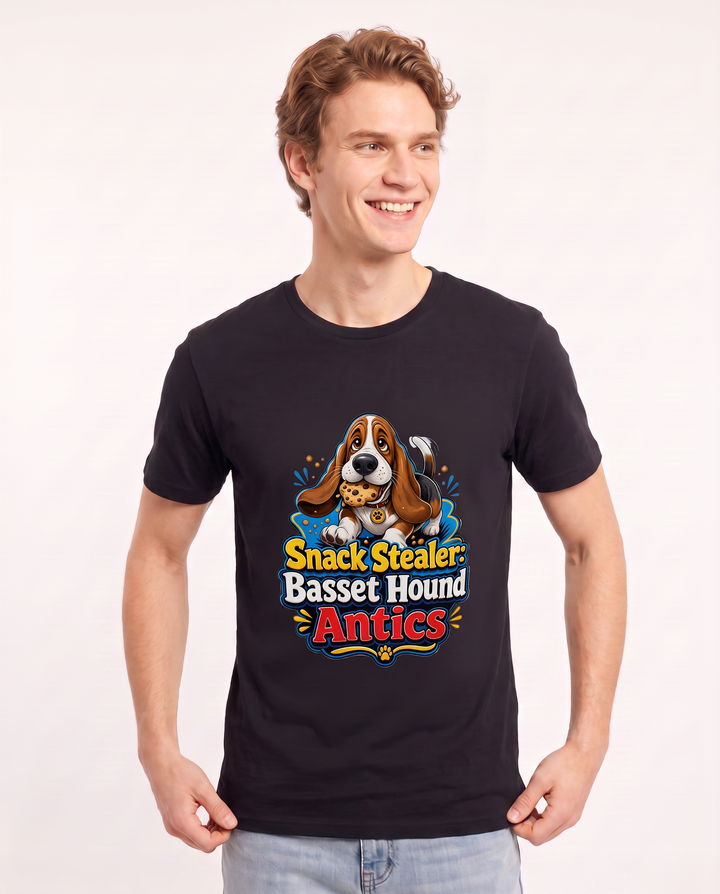 Snack Stealer: Basset Hound Antics Men's Black T-Shirt product image 1