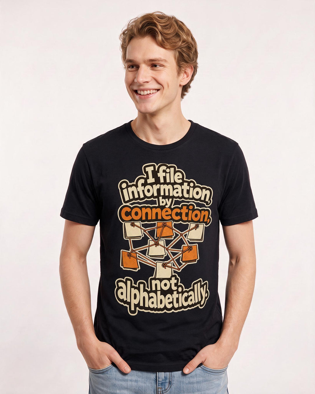 Neurodiversity Men's Black T-Shirt – I file information by connection, not alphabetically. product image 3