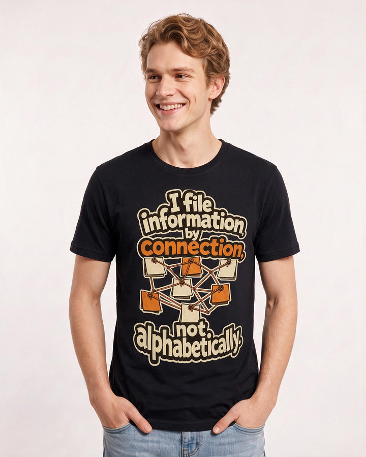 Neurodiversity Men's Black T-Shirt – I file information by connection, not alphabetically. product image 3