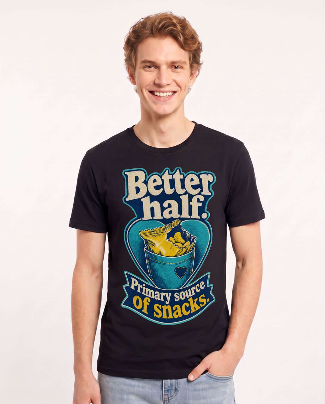 Funny Couples Men's Black T-Shirt – Better half. Primary source of snacks. product image 1