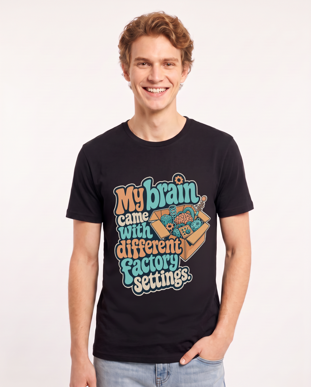 Neurodiversity Men's Black T-Shirt – My brain came with different factory settings. product image 1