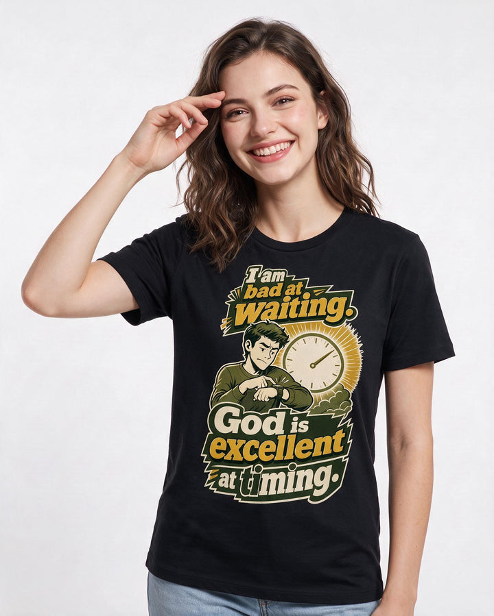 Christian Faith Women's Black T-Shirt – I am bad at waiting. God is excellent product image 3