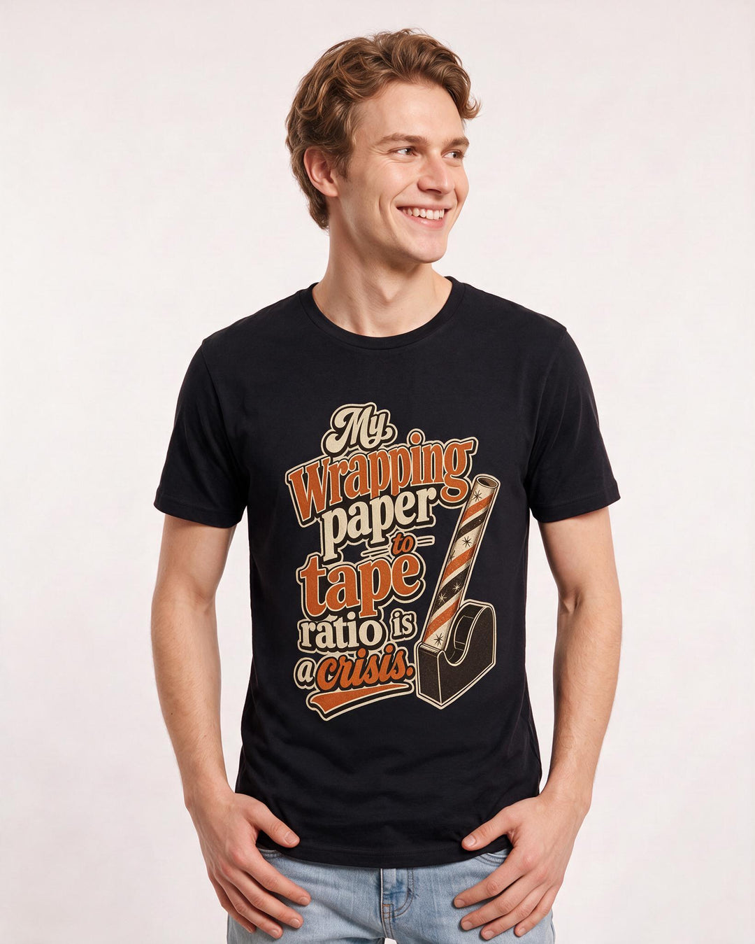 Christmas Men's Black T-Shirt – My wrapping paper to tape ratio is a crisis. product image 3