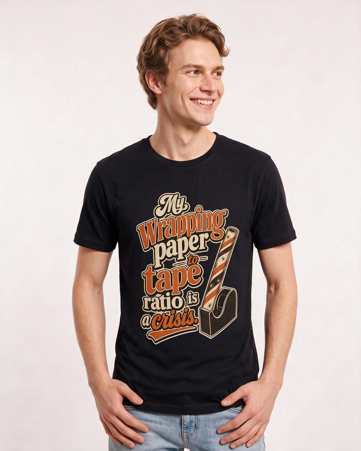 Christmas Men's Black T-Shirt – My wrapping paper to tape ratio is a crisis. product image 3
