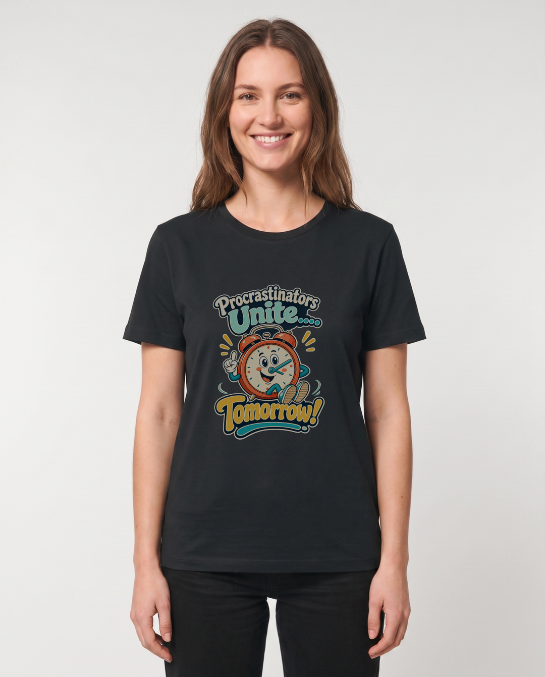 Procrastinators Unite... Tomorrow! Black T-Shirt mockup 1