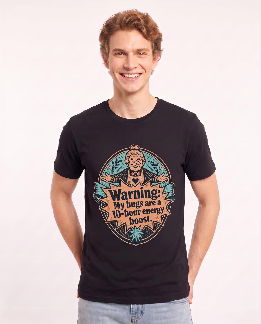 Graphic Men's Black T-Shirt - Warning: My hugs are a 10-hour energy product image 3