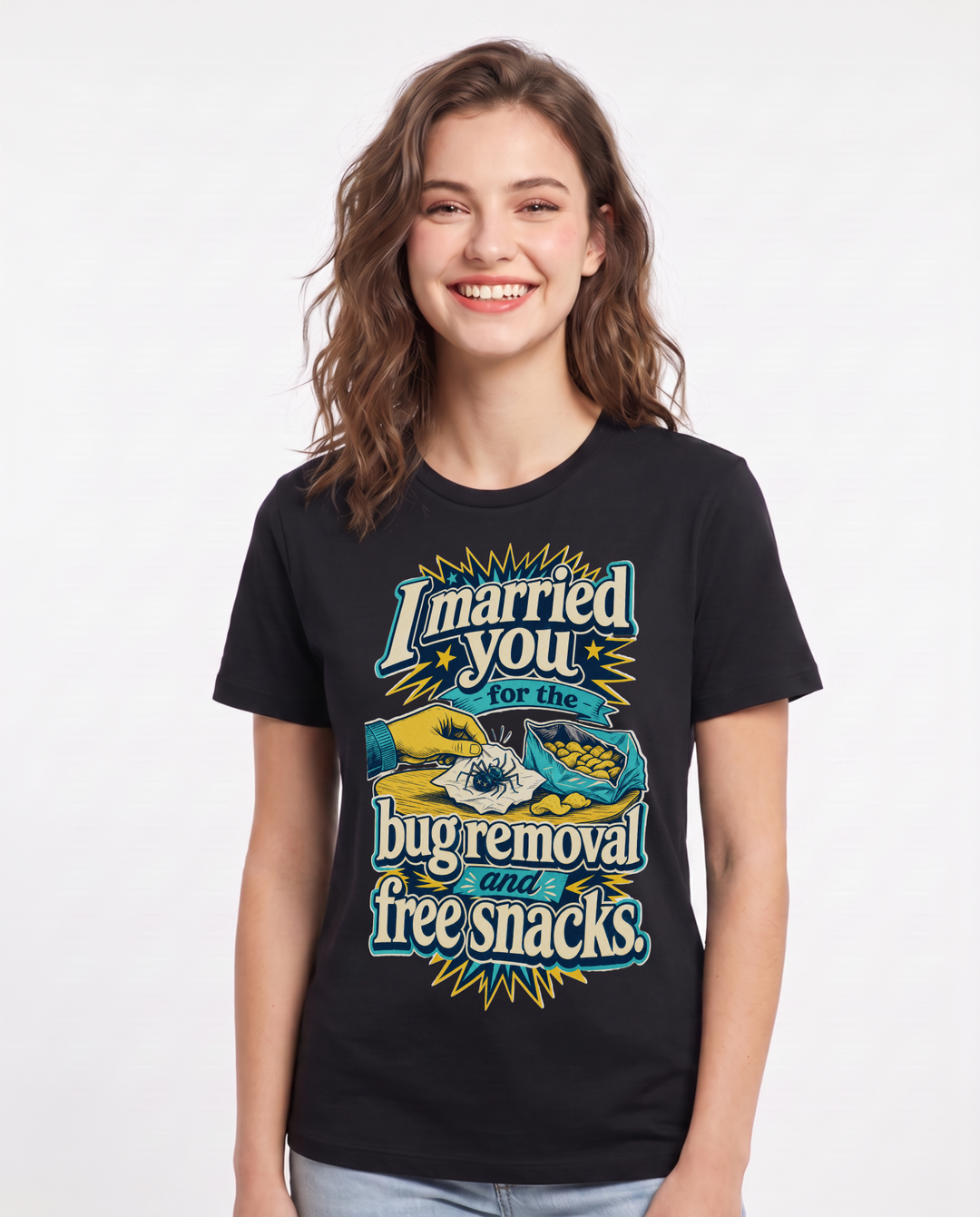 Funny Couples Women's Black T-Shirt – I married you for the bug removal and free snacks. product image 1