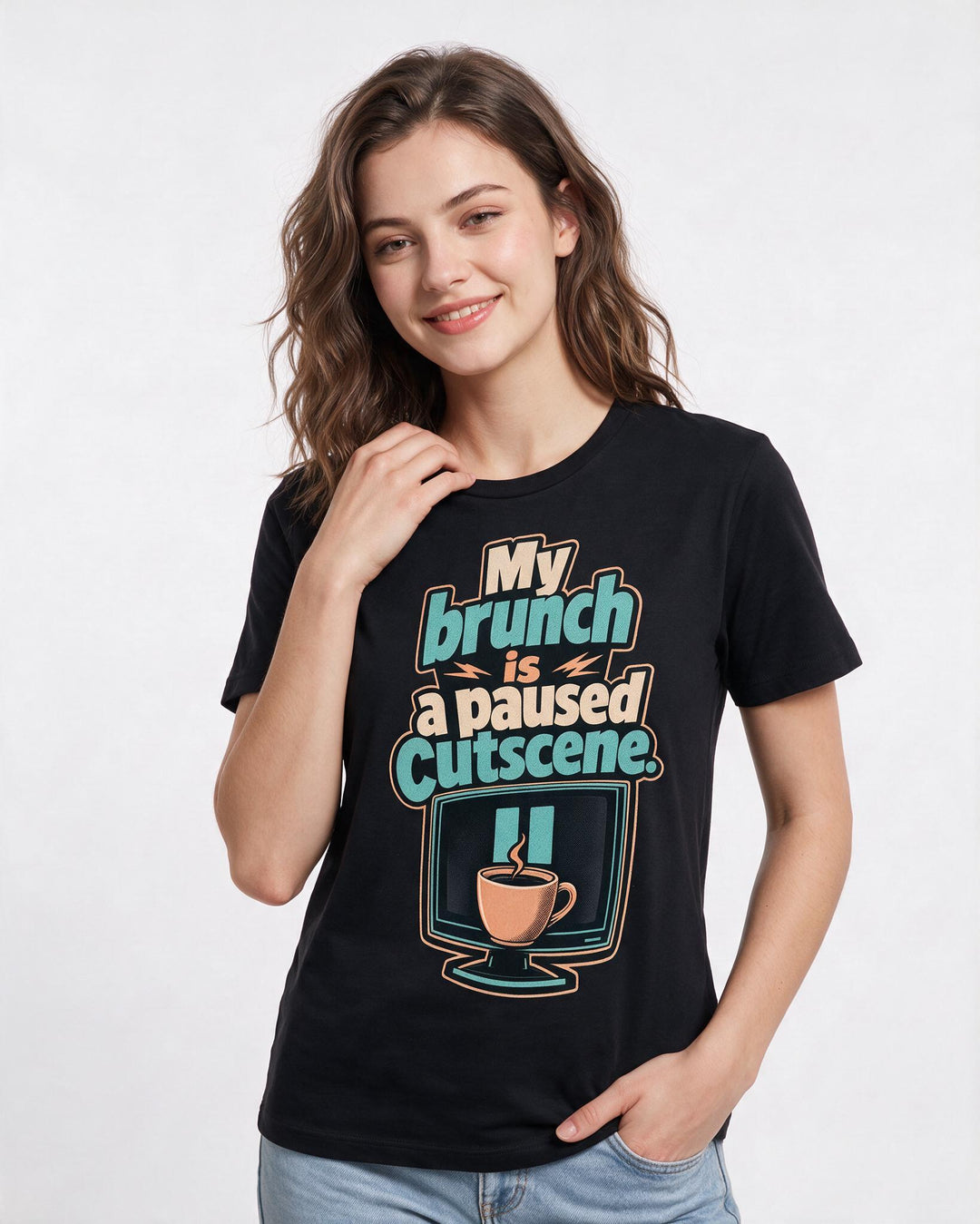 Funny Gaming Women's Black T-Shirt – My brunch is a paused cutscene. product image 3
